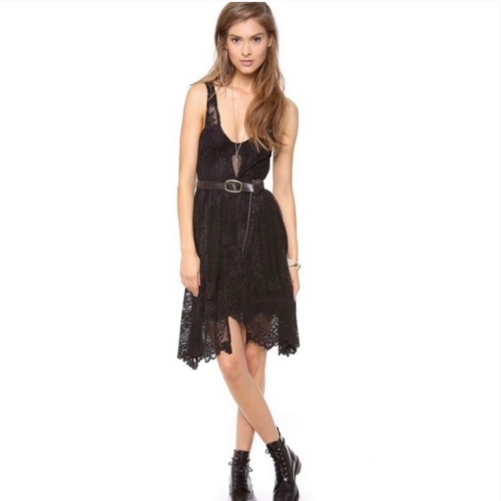 NWT FREE PEOPLE Salinas Lace Foil Overlay Dress Size 6 Black Floral Party Tank.